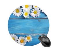 Round Daisy Flowers Blue Wooden Mouse Pad Non-Slip Rubber Base Waterproof Mouse Mat Travel Portable Gaming Mousepad for Office Work Home Computer Laptop Personalized Accessory