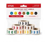 Round Day Dot Labels, 7 Rolls, 7,000 Stickers, 19 mm MON-Sun Colour-Coded Weekday Labels for Food Prep, Storage, Stock Rotation, Kitchens, Cafés and Catering HTUK