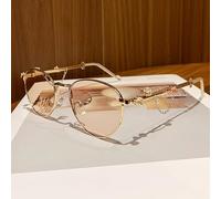 Round Decor Fashion Glasses Solid Light Brown Tinted Lens Eyewear Women Rhinestone Chain Metal Temples Daily Accessory