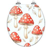 Round Decorative Resin Toilet Seat with Cover Quick Release Hinges Quiet Close Bumpers Seamless Hand-Drawn Doodle Cartoon Red Mushrooms Easy to Install Clean