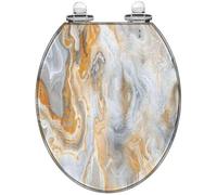 Round Decorative Resin Toilet Seat with Cover Quiet Close Quick Release Hinges White Marble Curly Grey Gold Veins Abstract Texture Easy to Install