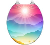 Round Decorative Resin Toilet Seat with Palm Tree Mountains Quiet Close Quick Release Hinges Cover Easy to Clean Install