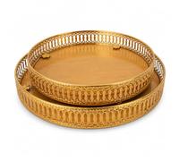 Round Decorative Serving Tray Set, Gold Metal Frame, Wooden Base, 29cm & 25cm, 2 Piece, for Home Display
