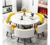 Round Dining Table And Chairs Set, Contains 6 PU leather chairs,Modern Simple Dining Table Set, Soft Backrest Seat, Faux Marble Tabletop, for office or dinner parties,003