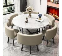 Round Dining Table And Chairs Set, Contains 6 PU leather chairs,Modern Simple Dining Table Set, Soft Backrest Seat, Faux Marble Tabletop, for office or dinner parties,001