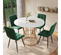 Round Dining Table and Chairs with 4 Velvet Chairs, Marble Pattern MDF Top, Golden Metal Legs, Adjustable Foot, Ideal for Dining Room, White & Green Aosom UK