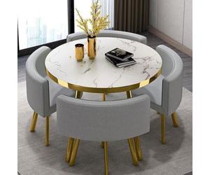 Round Dining Table Set for 4, 5 Piece Modern Dining Table Set, Faux Marble Tabletop with 4 PU Leather Chairs, Space-Saving, Dining Room Table Set for Small Space Apartment,003,90 * 90 * 75cm