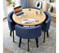 Round Dining Table Set for 4 Space-Saving Design with Thick Top 4 Upholstered Chairs Modern Casual Dining Furniture (80cm Diameter Dark BluePolyurethane)