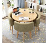 Round Dining Table Set for 4 Space-Saving Design with Thick Top Includes 4 Upholstered Chairs Modern Casual Dining Game 80cm Diameter Khaki Color.