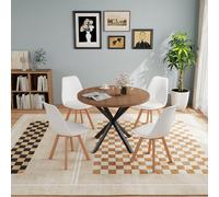 Round Dining Table Set with 4 High-Back Chairs, 100x100x75 cm Solid Wood, Dark Brown & White, Perfect for Home Dining Room, Modern Fur, Ele Design