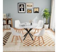 Round Dining Table Set with 4 High-Back Chairs, 100x100x75 cm Wooden Table (Marble Effect + White), Bh Legs, Perfect for Modern Dining Rooms and Family Gatherings