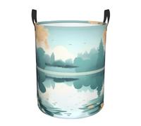 Round dirty clothes basketFallen leaves on a tranquil lake, waterproof material, can stand upright, suitable for bedroom and bathroom。