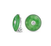 Round Disc CZ Accent Green Dyed Jade Clip On Earrings For Women Sterling Silver Non Pierced