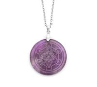 Round Disc Magic Sign Pendant Necklace for Women Men|Natural Crystal Charm with Silver Chain Reiki Balancing Meditation Energy Gemstone Bead Amulet Choker Amethyst