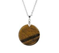 Round Disc Magic Sign Pendant Necklace for Women Men|Natural Crystal Charm with Silver Chain Reiki Balancing Meditation Energy Gemstone Bead Amulet Choker Tiger Eye