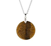 Round Disc Tree Of Life Pendant Necklace for Women Men|Natural Crystal Charm with Silver Chain Reiki Balancing Meditation Energy Gemstone Bead Amulet Choker Tiger Eye