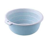 Round Double Layer Draining Basket,Multifunctional Thickened Large Capacity Double Layer Drainer Basket 2 in 1 Kitchen Colander Set with Bowl Strainer for Kitchen (Blue) (L)