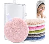 Round Double-Sided Coral Fleece Makeup Remover Pads with Transparent Storage Box - Six Reusable Soft Thickened Cleansing Pads for Facial Skincare Washable in Multiple Colors Eco-Friendly Sustainable