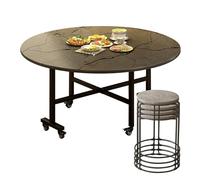 Round Drop-Leaf Folding Dining Table with 4/6/8 Stools, Heavy-Duty Metal Frame, Space-Saving, Seats 4-8, Perfect for Small Kitchens, 6 Wheels for Easy Mobility, 120cm Brown Finish