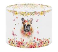 Round Drum Light Shade French Bulldog Floral Crown Watercolor Style Large Lampshades for Ceiling Lights Table Floor Lamps Easy Assembly Replacement Lamp Shades Spider Fitter