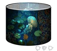 Round Drum Light Shade Glowing Jellyfish Bioluminescent Lotus Flowers Under Moonlight Large Lampshades for Ceiling Lights Table Floor Lamps Easy Assembly Replacement Lamp Shades Spider Fitter