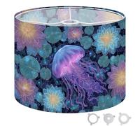Round Drum Light Shade Glowing Jellyfish Surrounded by Ethereal Lotus Stained Glass Design Large Lampshades for Ceiling Lights Table Floor Lamps Easy Assembly Replacement Lamp Shades Spider Fitter