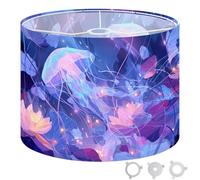 Round Drum Light Shade Glowing Neon Jellyfish an Underwater Fantasy Stained Glass Design Large Lampshades for Ceiling Lights Table Floor Lamps Easy Assembly Replacement Lamp Shades Spider Fitter