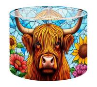 Round Drum Light Shade Highland Cow Stained Glass Window Hanging Boho Wall Art Hand Painted Large Lampshades for Ceiling Lights Table Floor Lamps Easy Assembly Replacement Lamp Shades Spider Fitter