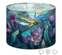 Round Drum Light Shade Iridescent Dragonfly Stained Glass Panel Blooming Flowers Large Lampshades for Ceiling Lights Table Floor Lamps Easy Assembly Replacement Lamp Shades Spider Fitter