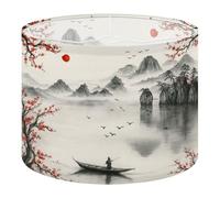 Round Drum Light Shade Japanese Serene Landscape Fisherman Boat Cherry Blossoms Majestic Large Lampshades for Ceiling Lights Table Floor Lamps Easy Assembly Replacement Lamp Shades Spider Fitter