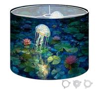 Round Drum Light Shade Luminous Jellyfish Gliding Above Lotus Blossoms Scene Large Lampshades for Ceiling Lights Table Floor Lamps Easy Assembly Replacement Lamp Shades Spider Fitter