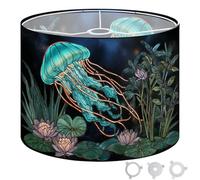 Round Drum Light Shade Neon Jellyfish Stained Glass Luminous Aquatic Forest Lotus Large Lampshades for Ceiling Lights Table Floor Lamps Easy Assembly Replacement Lamp Shades Spider Fitter