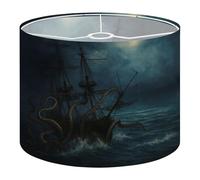 Round Drum Light Shade Pirate Ship Under Attack by Giant Octopus Tentacles Dark Ocean Waters Large Lampshades for Ceiling Lights Table Floor Lamps Easy Assembly Replacement Lamp Shades Spider Fitter