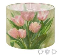 Round Drum Light Shade Soft Pink Tulips Watercolor Green Leaves Large Lampshades for Ceiling Lights Table Floor Lamps Easy Assembly Replacement Lamp Shades Spider Fitter