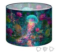 Round Drum Light Shade Vibrant Neon Jellyfish Aquatic Plants Glass Art Design Large Lampshades for Ceiling Lights Table Floor Lamps Easy Assembly Replacement Lamp Shades Spider Fitter