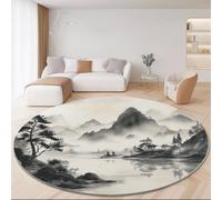 Round East Style Rug 120cm, Washable Non Slip Round Area Rug for Playroom - Traditional Landscape Scenery Soft Plush Fluffy Printed Carpet for Living Room Kid’s Room Nursery Grey