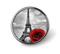 Round Eiffel Tower Red Rose Brooch Classic Mini Pin 1 Inch Aluminum Alloy Lapel Pin Personalized Button Badge for Backpack Hat Suit Jacket Clothing Decoration