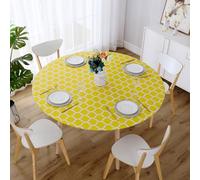 Round Elastic Table Protector Wipeable 48/60/72in Tablecloth with Flannel Backing,Waterproof PVC Table Cloth for Dining Kitchen Picnic Party (Yellow,72in)