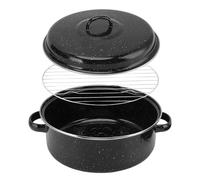 Round Enameled Steel Roasting Pan with Lid & Rack, Black Speckled Non-Stick Roaster Pot, Oven Cookware for Turkey, Chicken, Lamb, BBQ & Family Roasting (Iron Cover 28cm)