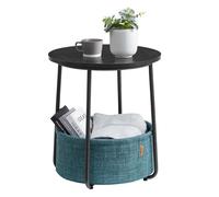 Round End Table with Fabric Basket, Black with Wood Grain + Dark