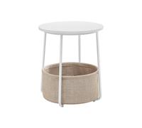 Round End Table with Fabric Basket, White + Beige