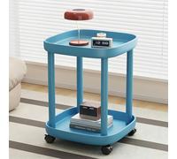 Round End Table with Lockable Wheels, Plastic Nightstand, Versatile Coffee Table for Living Room, Bedroom, Balcony, Patio - Stylish Blue Design