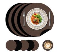 Round Faux Leather Placemats and Coasters Set of 6,38 Cm Dual Sided Non-Slip and Waterproof Kitchen Place Mats,Heat Resistant Reusable Table Mats for Kitchen, Restaurant, Dining Table(Brown + Black)