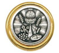 Round First Holy Communion Pin with Prayer Card | Great Catholic Gift for First Eucharist Celebration | Features Chalice, Bread, and Grapes | Made in Italy, S, Metal, no gemstone