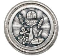 Round First Holy Communion Pin with Prayer Card | Great Catholic Gift for First Eucharist Celebration | Features Chalice, Bread, and Grapes | Made in Italy, S, Metal, no gemstone