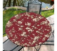 Round Fitted Tablecloth with Elastic Edge, 36"-60" Waterproof Stain Resistant Table Cover for Indoor, Outdoor, Picnic, Dining, Camping, Party, Holiday, 52inch, Vintage Floral Red
