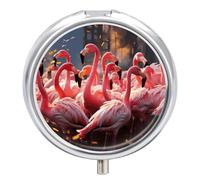 Round Flamingos Partying Pill Organizer Pill Box 3 Compartment Portable Travel Medicine Case Daily Mini Compact Medicine Container Storage Vitamin Supplement Dispenser