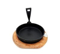 Round Flat Sizzler Plate 18CM -Cast Iron with Wooden Base | Heavy Duty Serving Pan