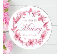 Round Floral Welcome Plaque 14cm x 14cm New Baby Girl Keepsake Disc, New Baby, Baby Shower, Personalised Name Wooden Sign, Ideal for Nursery Decor (Pink leaves & flowers)