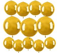 Round Foil Balloons Birthday, 10in 15in 22in 12Pcs Silver Balloons 4D Ball with White Ribbon Glue, Foil Balloon for Helium Wedding, Party Decorations Balloon for Party (Gold)